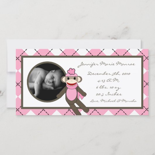 4x8 Pink Argyle Sock Monkey Geboorteaankondiging Aankondiging (Voorkant)