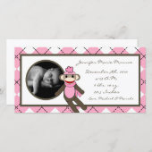 4x8 Pink Argyle Sock Monkey Geboorteaankondiging Aankondiging (Voorkant / Achterkant)