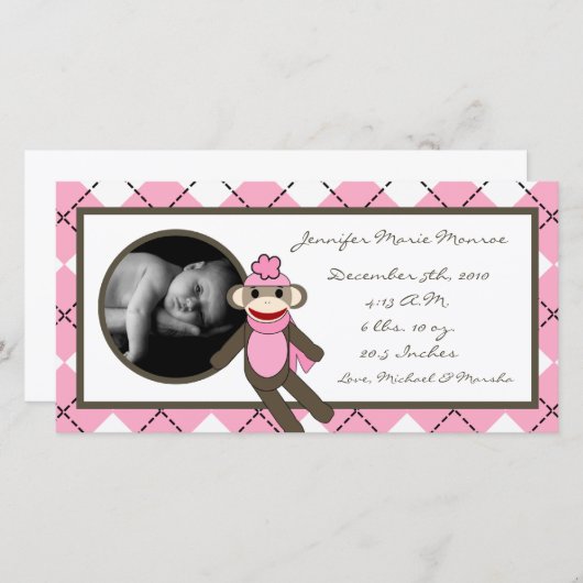 4x8 Pink Argyle Sock Monkey Geboorteaankondiging Aankondiging (Voorkant / Achterkant)