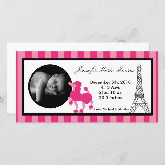 4x8 Pink Poodle Paris Eiffel Geboorteaankondiging Aankondiging (Voorkant / Achterkant)