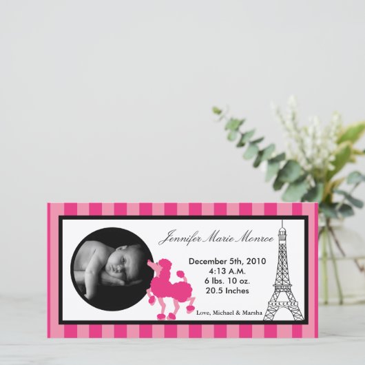 4x8 Pink Poodle Paris Eiffel Geboorteaankondiging Aankondiging (Staand voorkant)