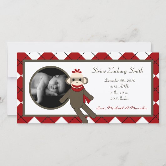 4x8 Red Sock Monkey Geboorteaankondiging Aankondiging (Voorkant)
