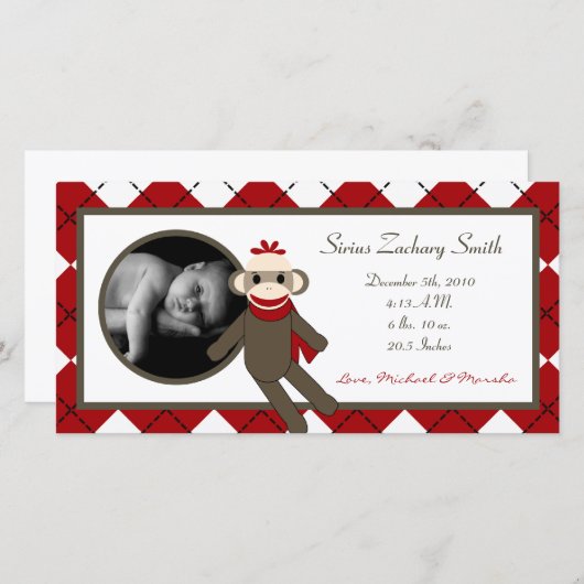 4x8 Red Sock Monkey Geboorteaankondiging Aankondiging (Voorkant / Achterkant)