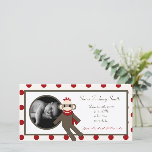 4x8 Rode Sokker Aap Geboorteaankondiging Aankondiging (Staand voorkant)