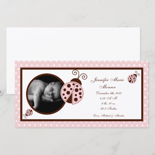 4x8 roze lieveheersbeestje Fotogeboorteaankondigin Aankondiging (Voorkant / Achterkant)