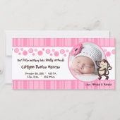 4x8 Roze Pop Aap Meisje Foto Geboorte Aankondiging (Voorkant)