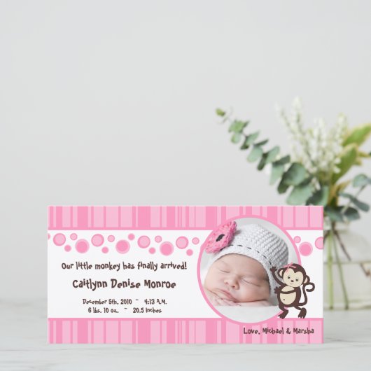 4x8 Roze Pop Aap Meisje Foto Geboorte Aankondiging (Staand voorkant)