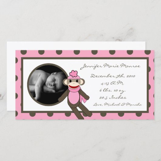 4x8 Roze Sock Monkey Geboorteaankondiging Aankondiging (Voorkant / Achterkant)