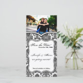4x8 Uitnodigingskaart Zwart Wit Damast Lac Save The Date (Staand voorkant)