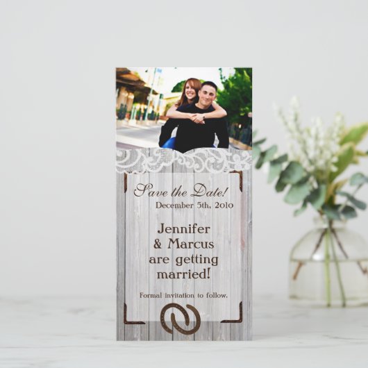 4x8 Verloving Aankondiging Hoefijzers op Wood (Staand voorkant)