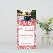 4x8 Verloving Aankondiging Red Crims White Damask (Staand voorkant)