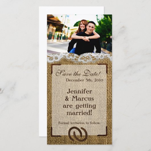 4x8 Verloving Hoefijzers op Burlap Save The Date (Voorkant / Achterkant)