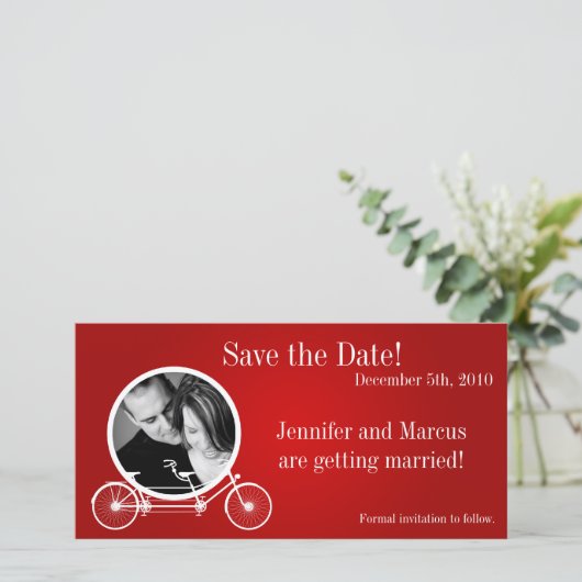 4x8 Verloving kondiging Red Double Bike Save The Date (Staand voorkant)