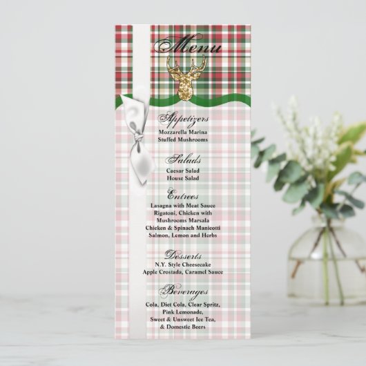 4x9.25 Menu Kaarten Gouden Glitter Rendier Plaid B (Staand voorkant)