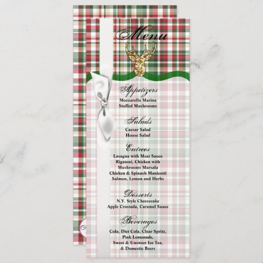 4x9.25 Menu Kaarten Gouden Glitter Rendier Plaid B (Voorkant / Achterkant)