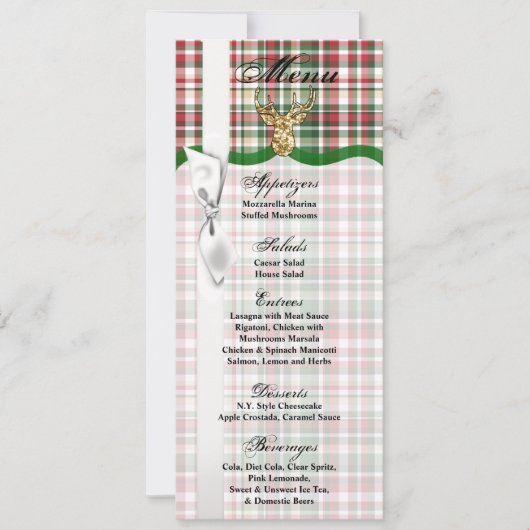 4x9.25 Menu Kaarten Gouden Glitter Rendier Plaid B (Voorkant)