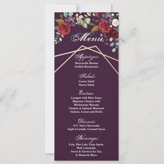 4x9.25 Menu Kaarten Pruim Paarse Rozen Goud Geomet (Voorkant)