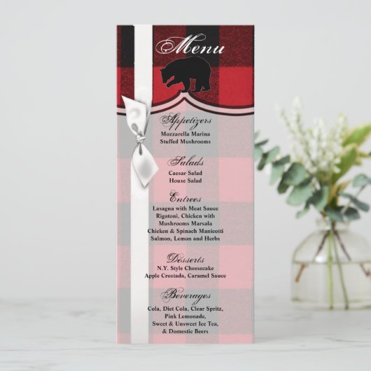 4x9.25 Menu Kaarten Red Buffalo Plaid Beer Zwart (Staand voorkant)