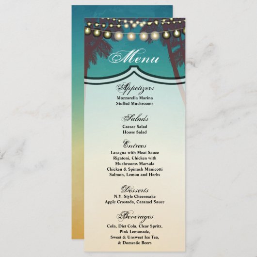 4x9.25 Menu Kaarten Strand Zonsondergang Palmbomen (Voorkant / Achterkant)