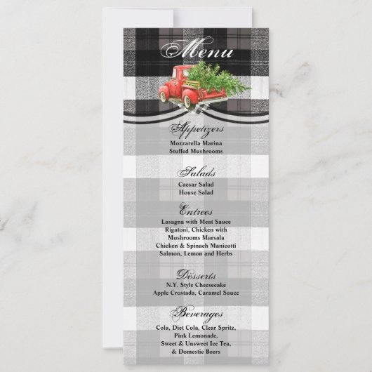 4x9.25 Menu Kaarten XMAS Truck Buffalo Plaid Zwart (Voorkant)