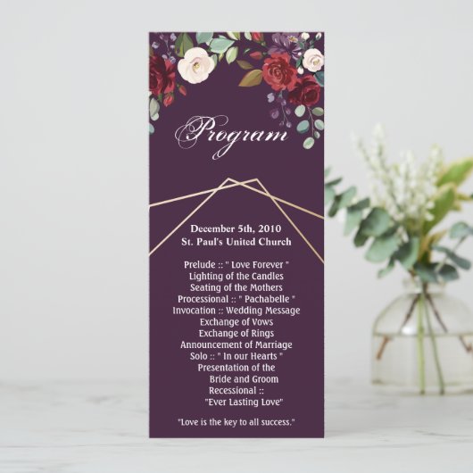 4x9.25 Programma Kaarten Plum Paarse Rozen Gold Ge (Staand voorkant)