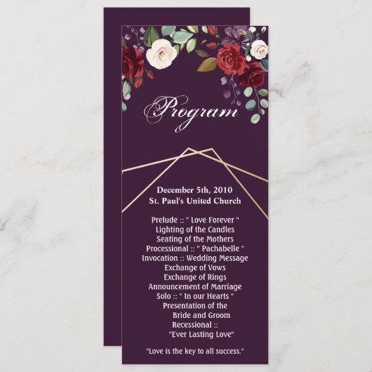 4x9.25 Programma Kaarten Plum Paarse Rozen Gold Ge (Voorkant / Achterkant)