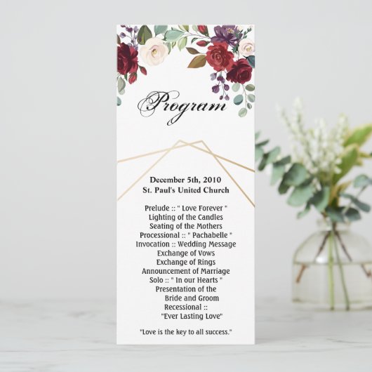 4x9.25 Programmakaarten Witte rozen Gold Geometric Kaart (Staand voorkant)