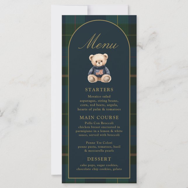 4x9" Classic Teddy Bear Plaid Baby Shower Menu (Voorkant)