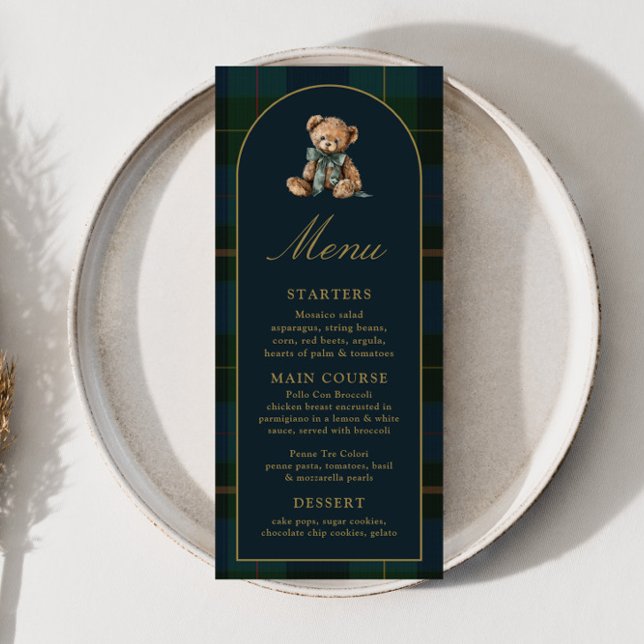4x9" Classic Teddy Bear Plaid Baby Shower Menu (Creator heeft geüpload)