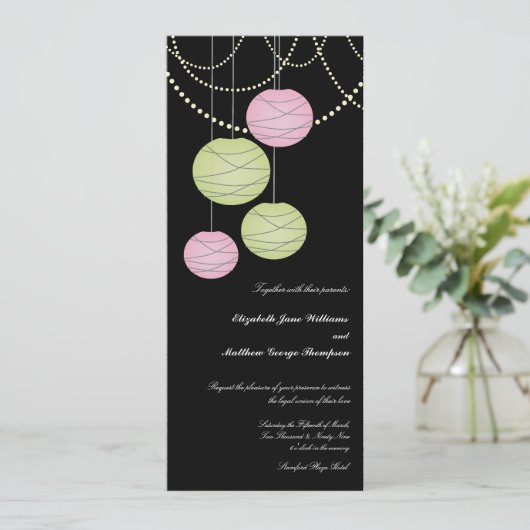 4x9 Groen papieren ritsroze lantaarns uitnodigen Kaart (Staand voorkant)