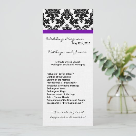 4x9 Trouwprogramma - Zwart Damask en Paarse Programmakaart (Staand voorkant)