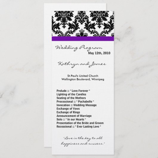 4x9 Trouwprogramma - Zwart Damask en Paarse Programmakaart (Voorkant / Achterkant)