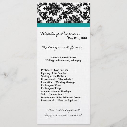 4x9 Wedding Program - Black Damask Blauwgroen Turq Programmakaart (Voorkant)
