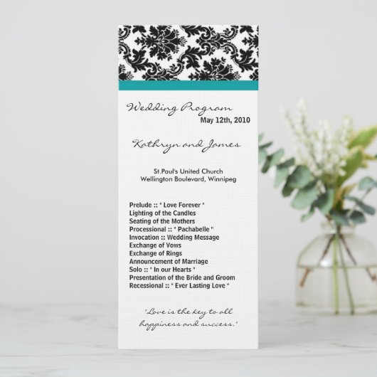 4x9 Wedding Program - Black Damask Blauwgroen Turq Programmakaart (Staand voorkant)