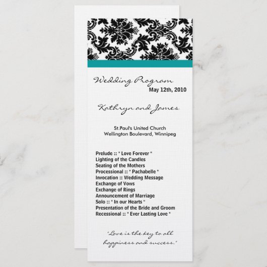 4x9 Wedding Program - Black Damask Blauwgroen Turq Programmakaart (Voorkant / Achterkant)