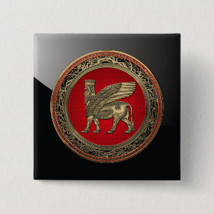 [500] Assyrian Winged Bull - Gold Lamassu Vierkante Button 5,1 Cm