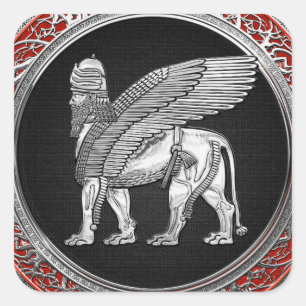 [500] Assyrische scharnieren - Silver Lamassu Vierkante Sticker