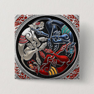 [500] Celtische schatten - Drie honden op zilver Vierkante Button 5,1 Cm