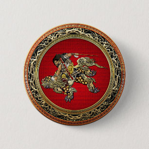 [500] Hokusai - Shoki Riding Shishi Lion Ronde Button 5,7 Cm