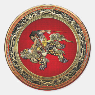 [500] Hokusai - Shoki Riding Shishi Lion Ronde Sticker