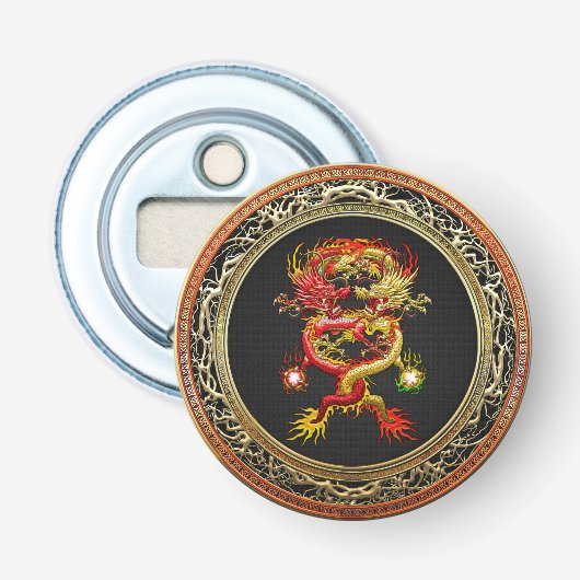 [500] Rode en gele dragons Button Flesopener (Voorkant)