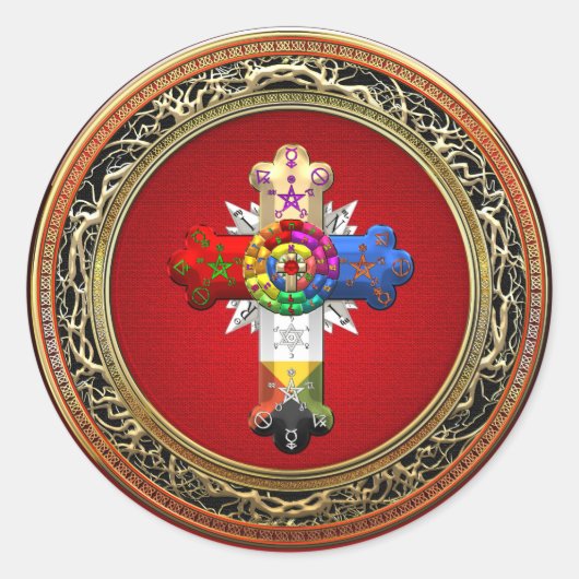 [500] Rosy Cross (Roos Croix) op Red & Gold Ronde Sticker (Voorkant)