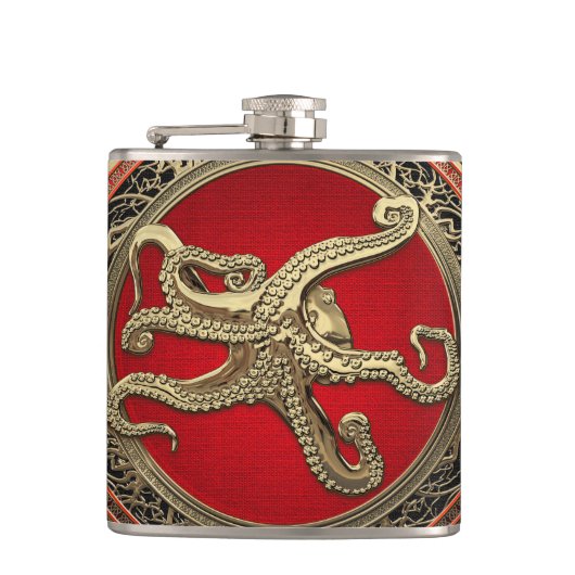 [500] Sacred Gold Octopus in Defensief Posture Heupfles (Voorkant)