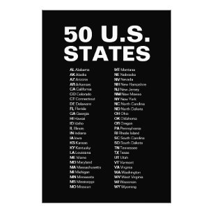 50 Amerikaanse staten afkortingenlijst – Minimalis Foto Afdruk