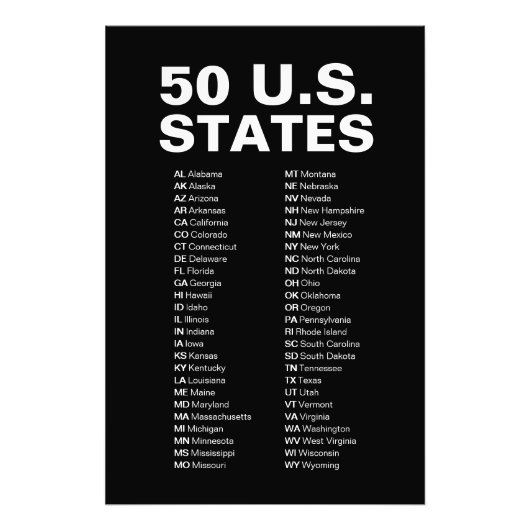 50 Amerikaanse staten afkortingenlijst – Minimalis Foto Afdruk (Voorkant)
