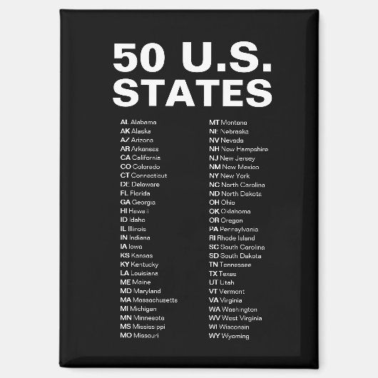 50 Amerikaanse staten afkortingenlijst – Zwart Magneet (Voorkant)