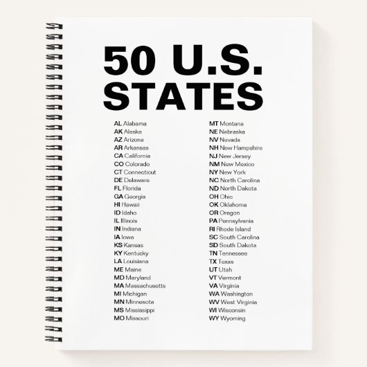 50 Amerikaanse Staten – Lijst met Afkortingen Spir Notitieboek (Voorkant)