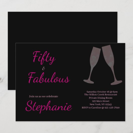 50 and Fabulous | 50th Birthday Party Black Pink Kaart (Voorkant / Achterkant)