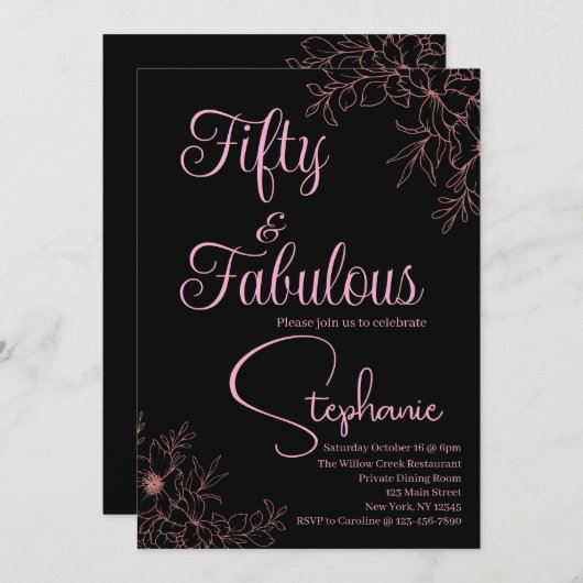 50 and Fabulous | 50th Birthday Party Black Pink Kaart (Voorkant / Achterkant)
