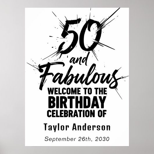 50 and Fabulous Birthday Bursting Black and White Poster (Voorkant)